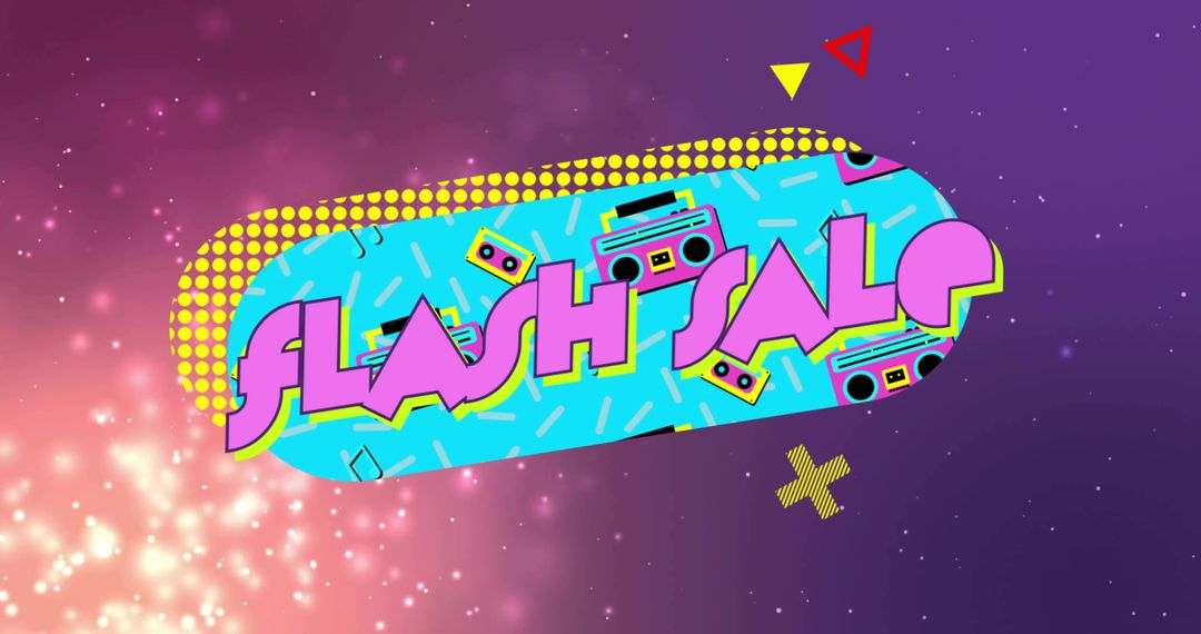 Retro Neon Flash Sale Banner Featuring 80s Boombox Pattern, Halftone Dots, Bokeh Sparkle