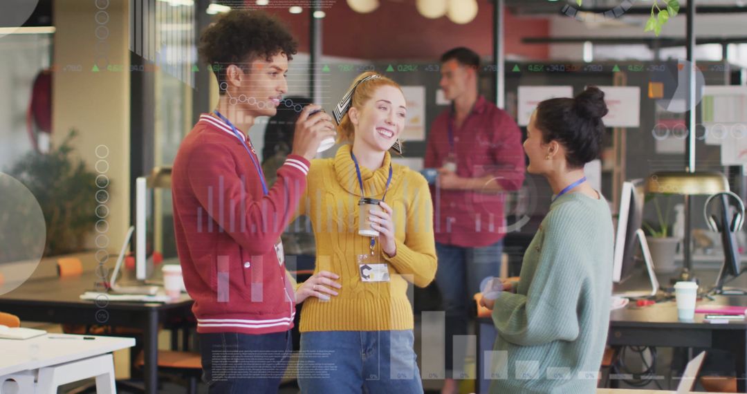 Happy Colleagues Chatting with Digital Infographic Overlay in Office