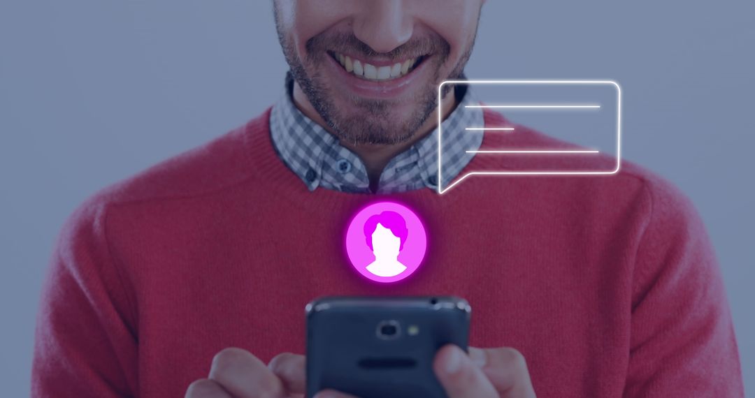 Neon Messaging Icons Over Smiling Man Texting on Smartphone
