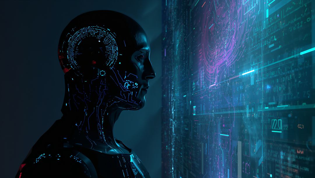 Humanoid Robot Scanning Holographic Interface with Neon Circuitry and Futuristic AI Code