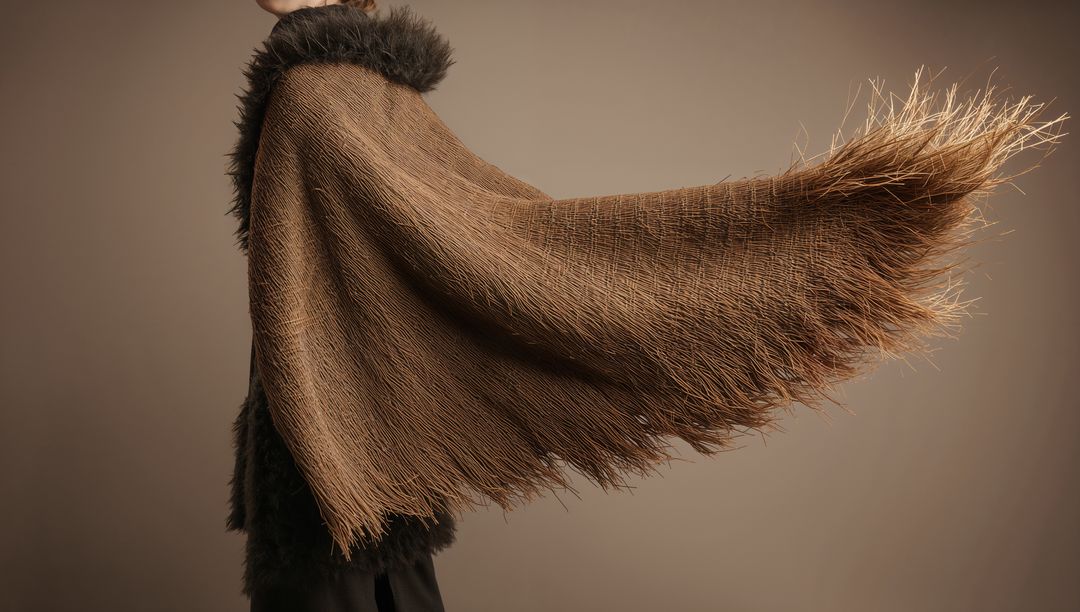 Model Wearing Windblown Straw Cape with Fur-Like Collar for Editorial Fashion