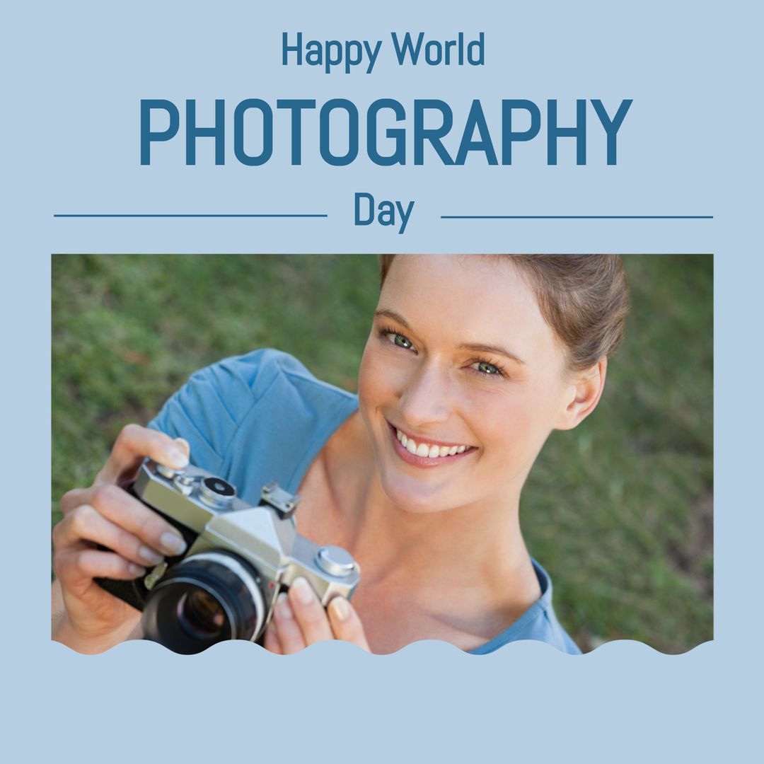 Happy World Photography Day with Smiling Woman Holding Camera Outdoors - Download Free Stock Templates Pikwizard.com