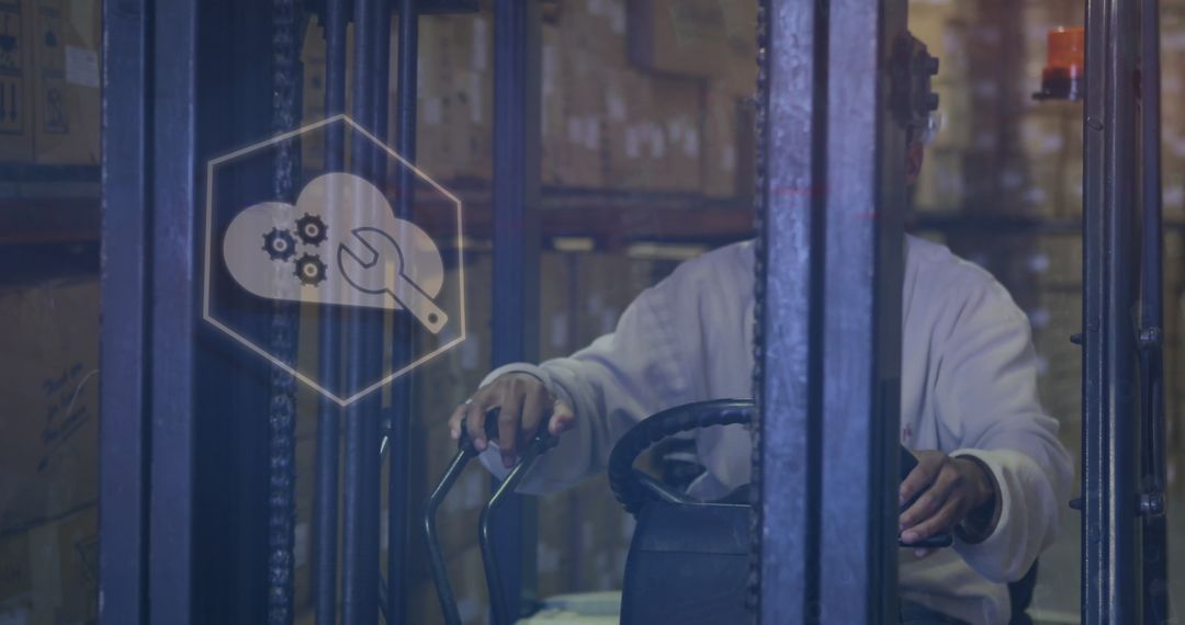 Warehouse Worker Operating Forklift Digital Interface Overlay