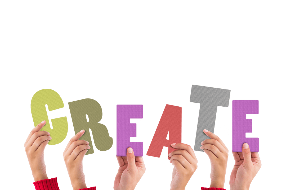 Hands Holding Colorful Letters Forming Word Create on Transparent Background