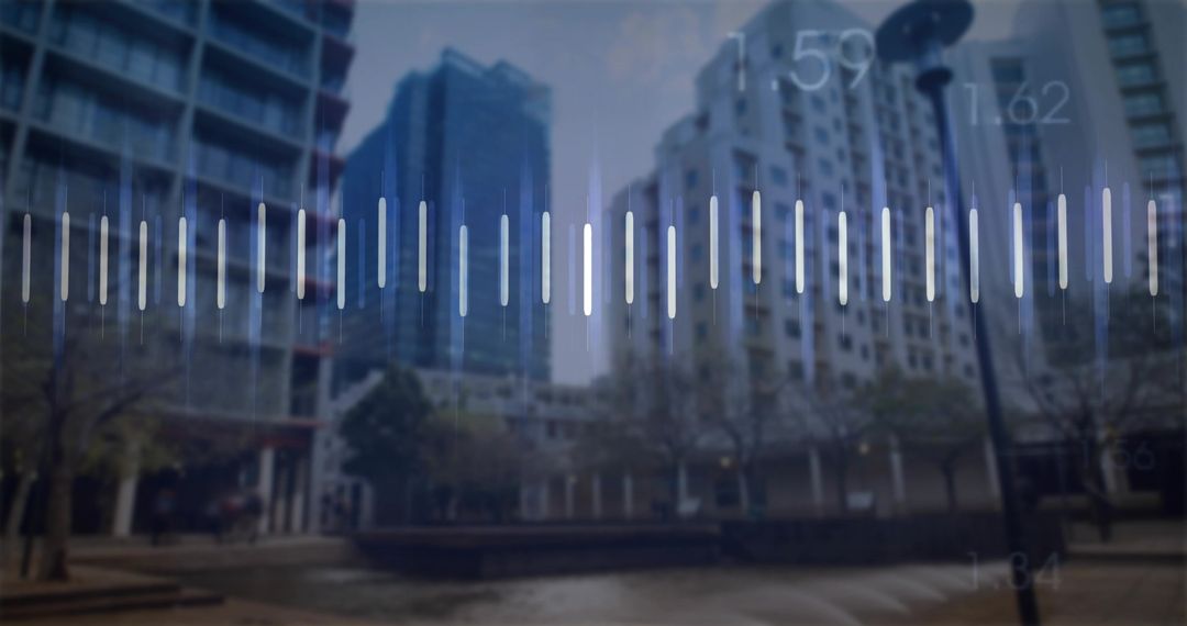 Stylish Modern Urban Plaza with Water Display and Audio Waveform Overlay