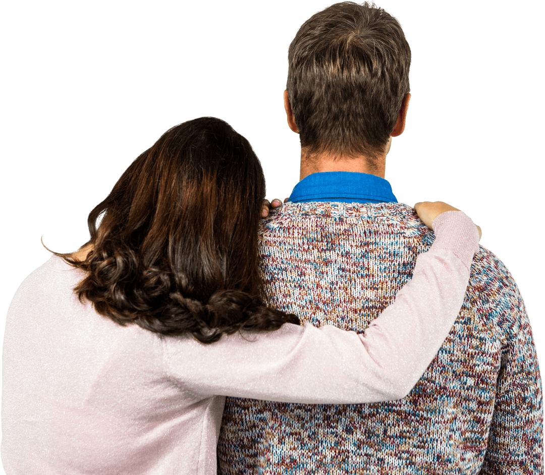 Rear View of Couple in Embrace Standing on Transparent Background