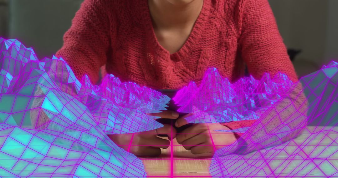 Woman Interacting with Futuristic Digital Landscape Interface