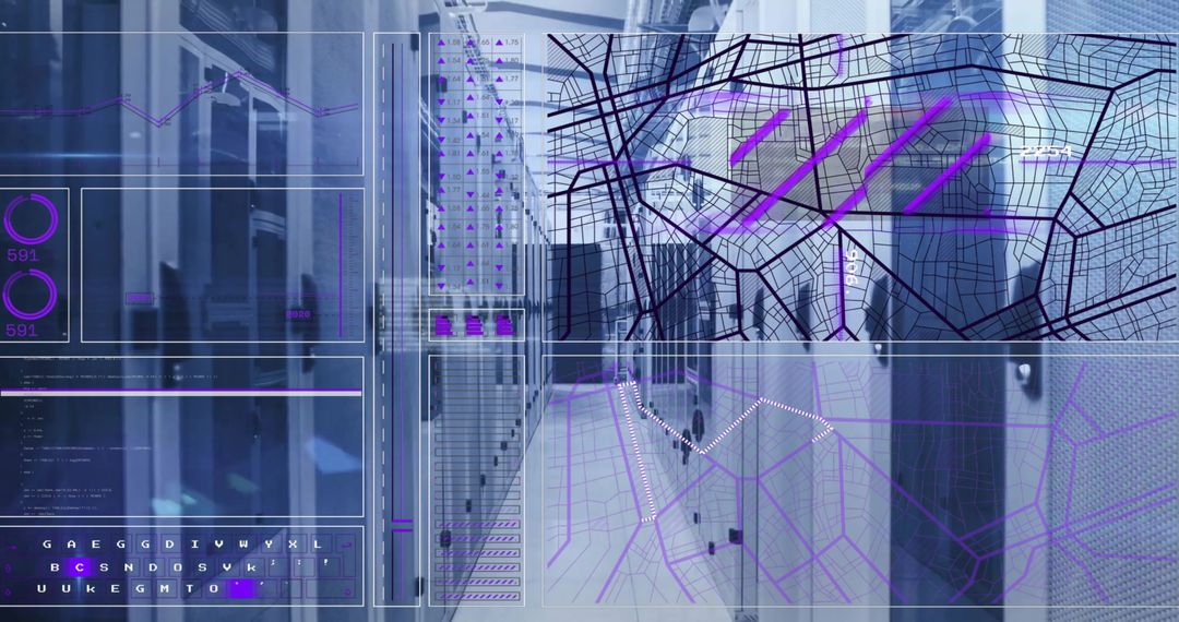 Futuristic Interface Overlay on Server Room