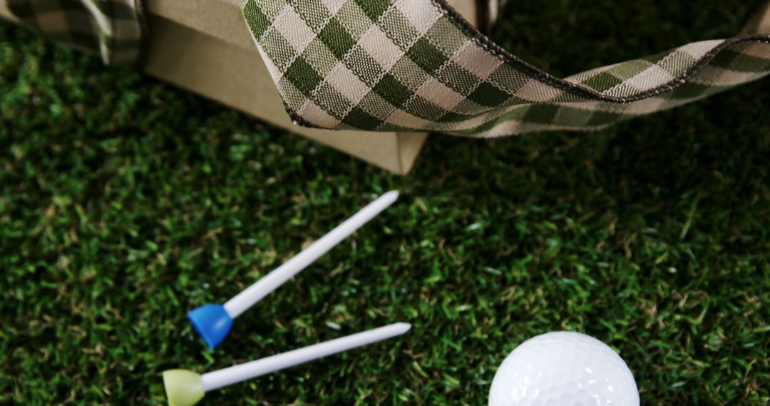 A golf ball and tees lie on the grass next to a patterned bag, with copy space - Free Images, Stock Photos and Pictures on Pikwizard.com