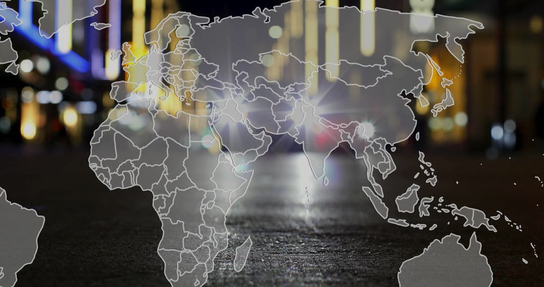 Translucent World Map Overlayed on Bustling City Street at Night