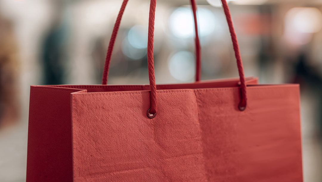 Hanging Red Shopping Bag Featuring Rope Handles and Matte Textured Surface in Store
