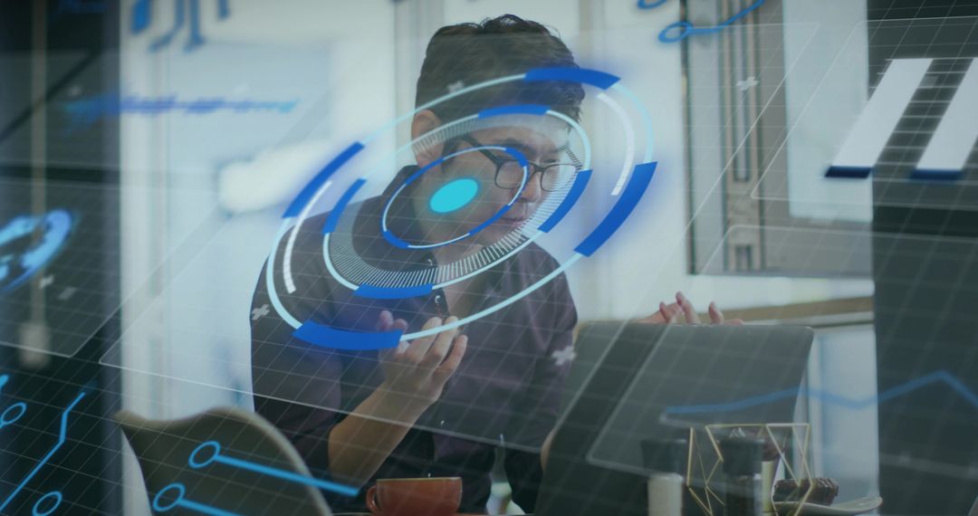 Asian Man Engaging with Futuristic Holographic Technology