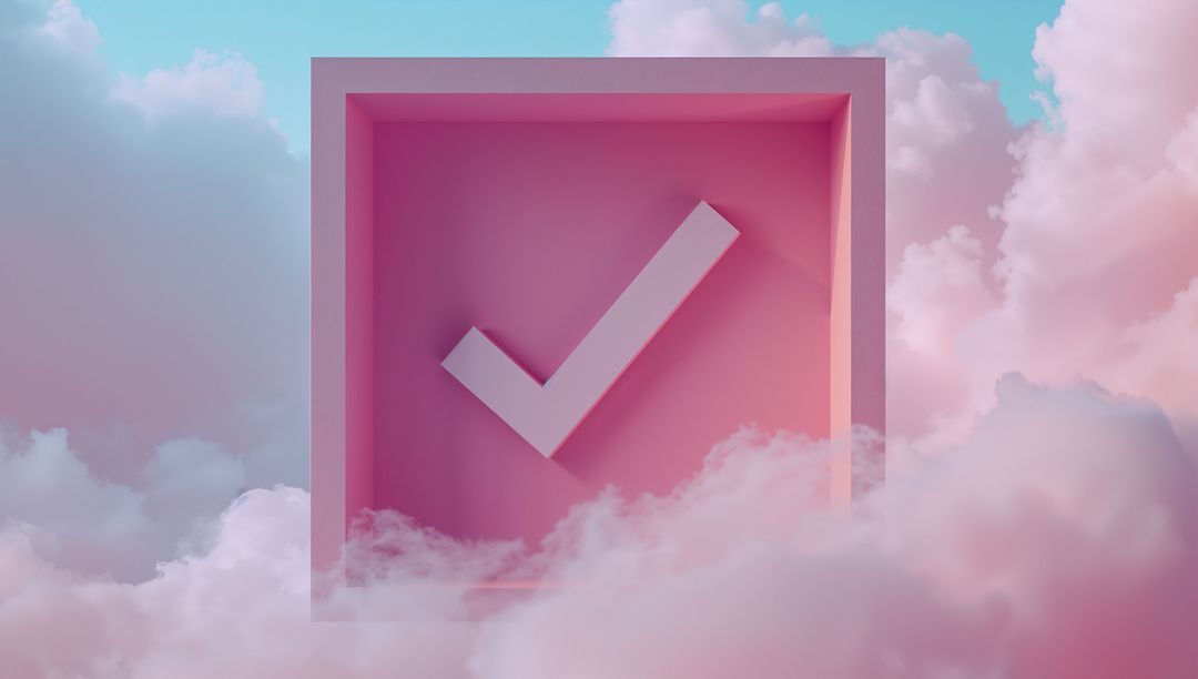 Floating 3D Pink Checkmark in Pastel Cloudy Sky