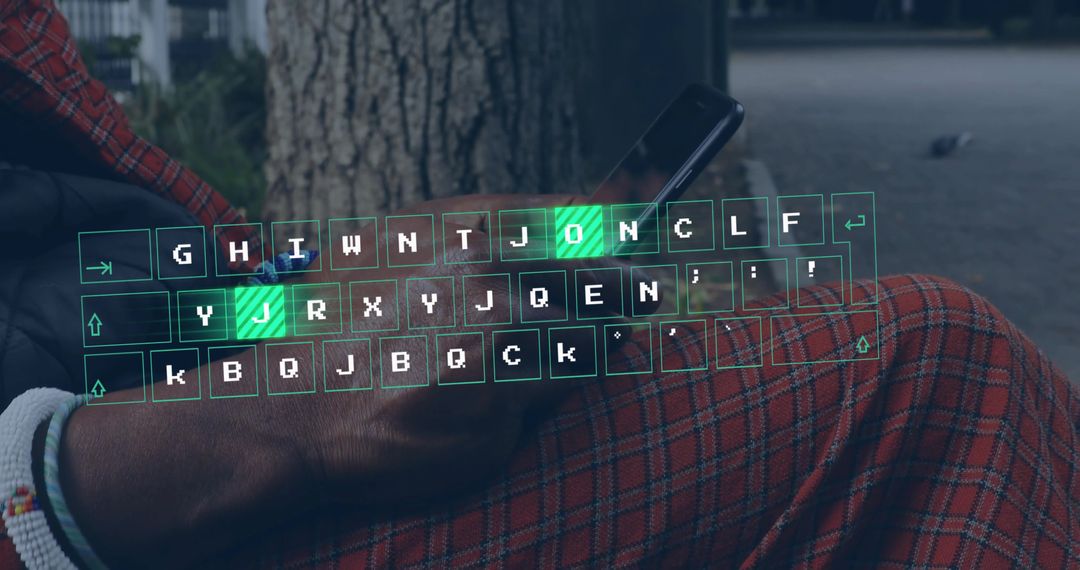 Holographic Keyboard Overlay Showing Virtual Typing on Smartphone Resting on Lap in Park