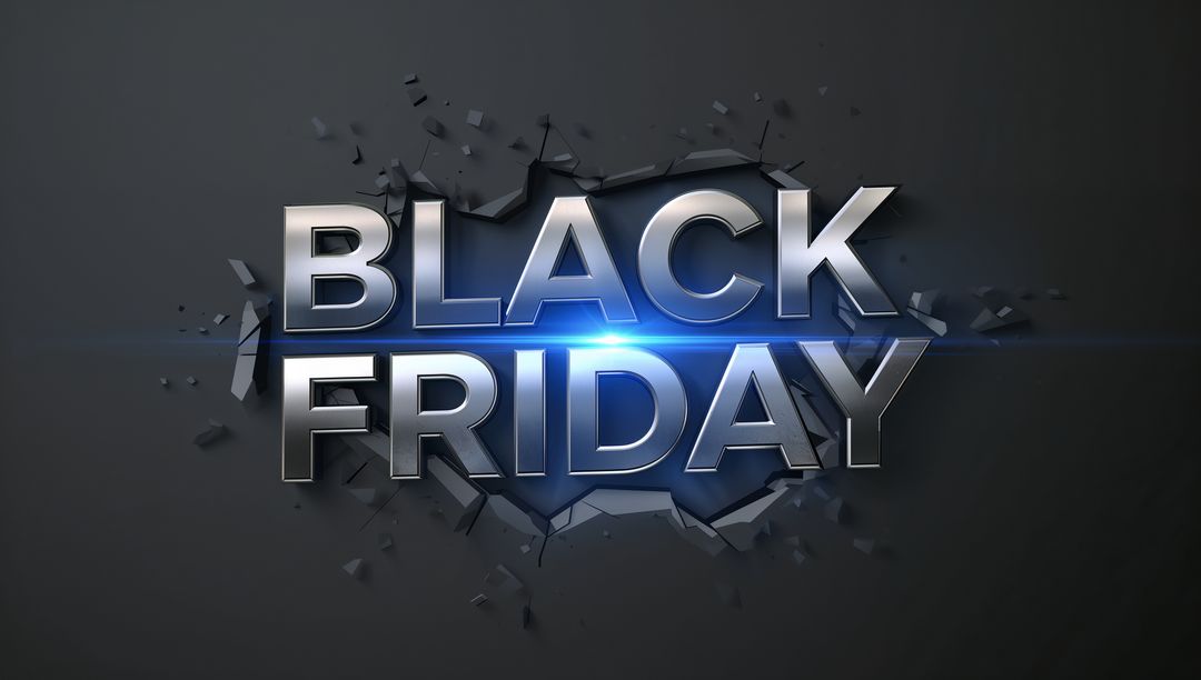 Chrome 3D Black Friday Text Breaking Through Dark Wall with Blue Light Flare