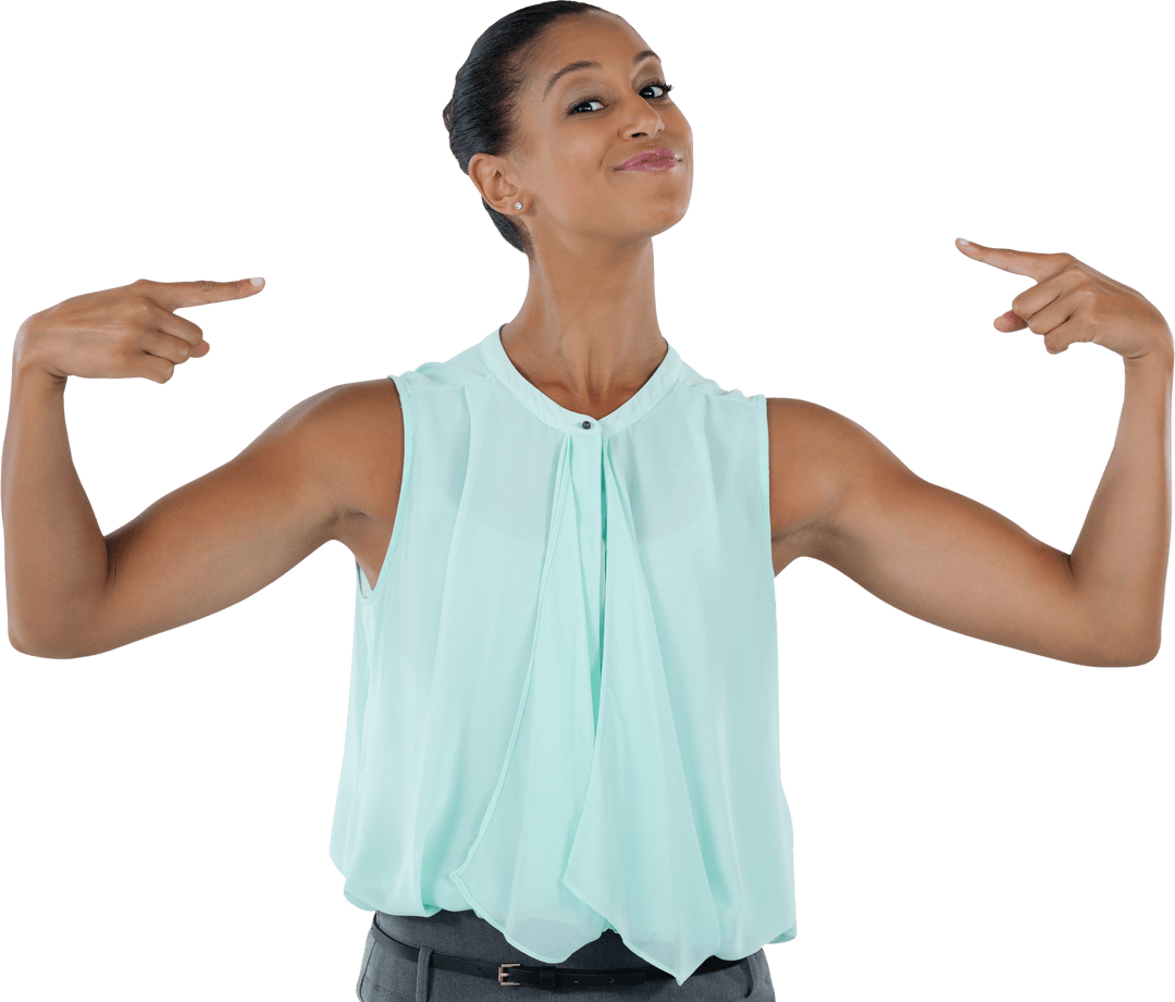 Confident Woman Pointing at Herself With Pride on Transparent Background