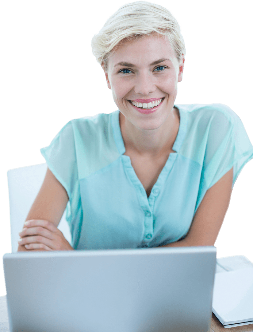 Transparent Smiling Businesswoman in Casual Attire with Laptop