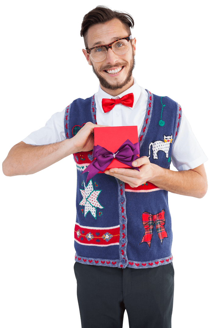 Transparent Hipster Presenting Gift with Cheerful Smile and Festive Attire