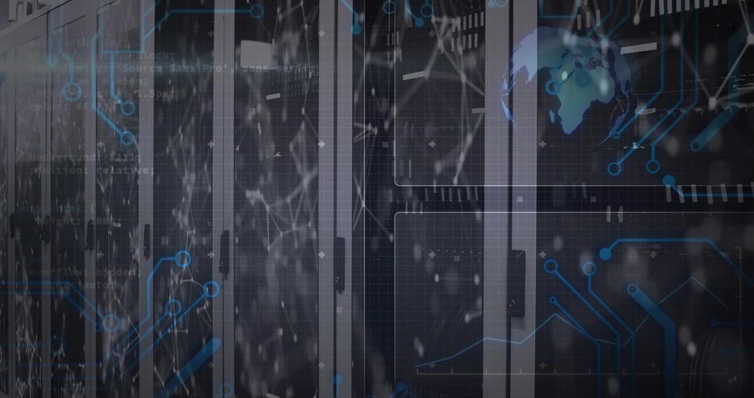 Showcasing Server Rack Cabinets with Digital Network Overlay for Global Data Infrastructure