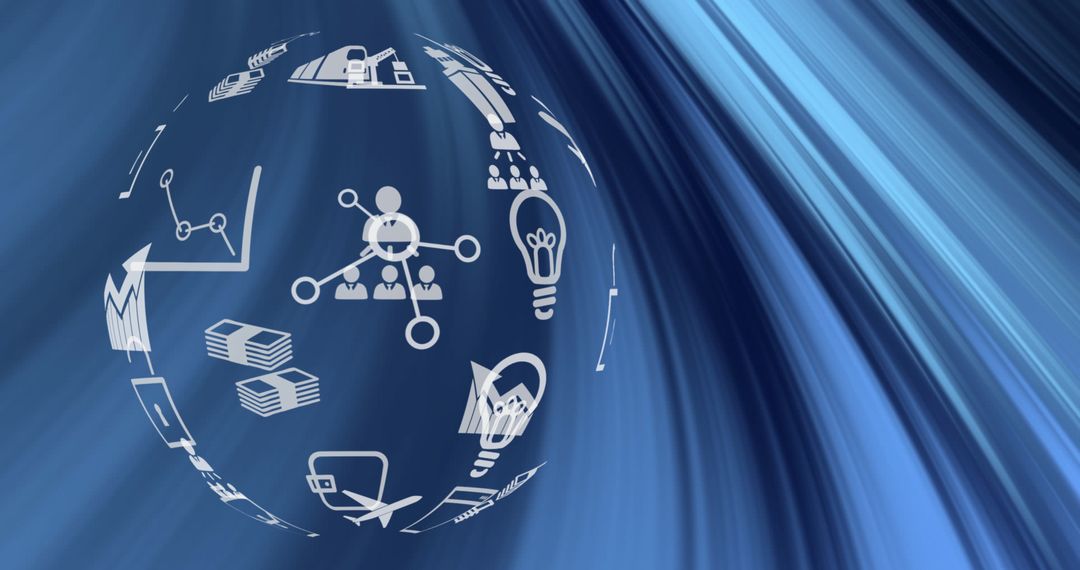 Digital Sphere with White Icons on Blue Abstract Background