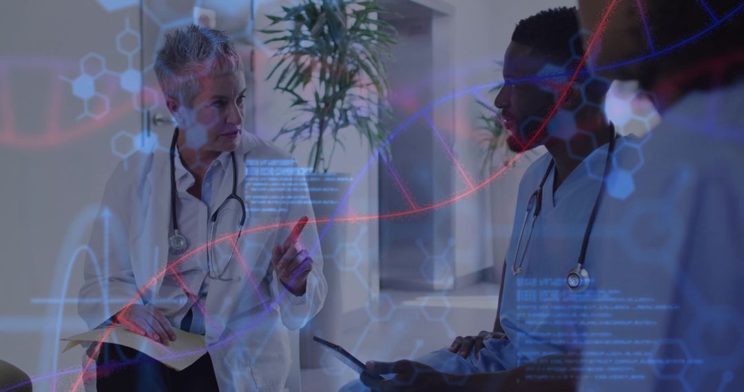 Medical Professionals Discussing with DNA Hologram Interface