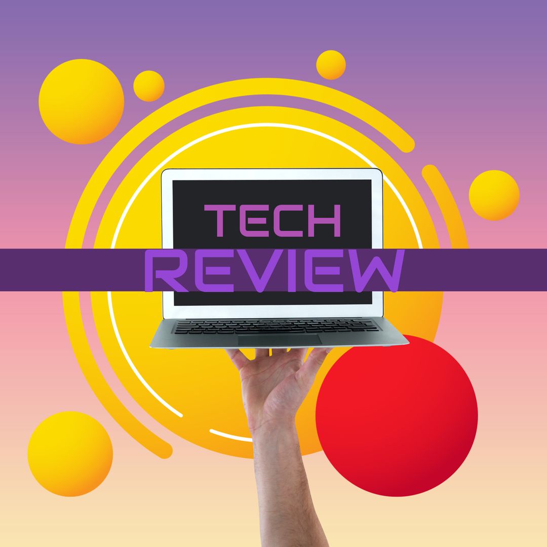 Colorful Digital Tech Review Graphic with Laptop and Geometric Design