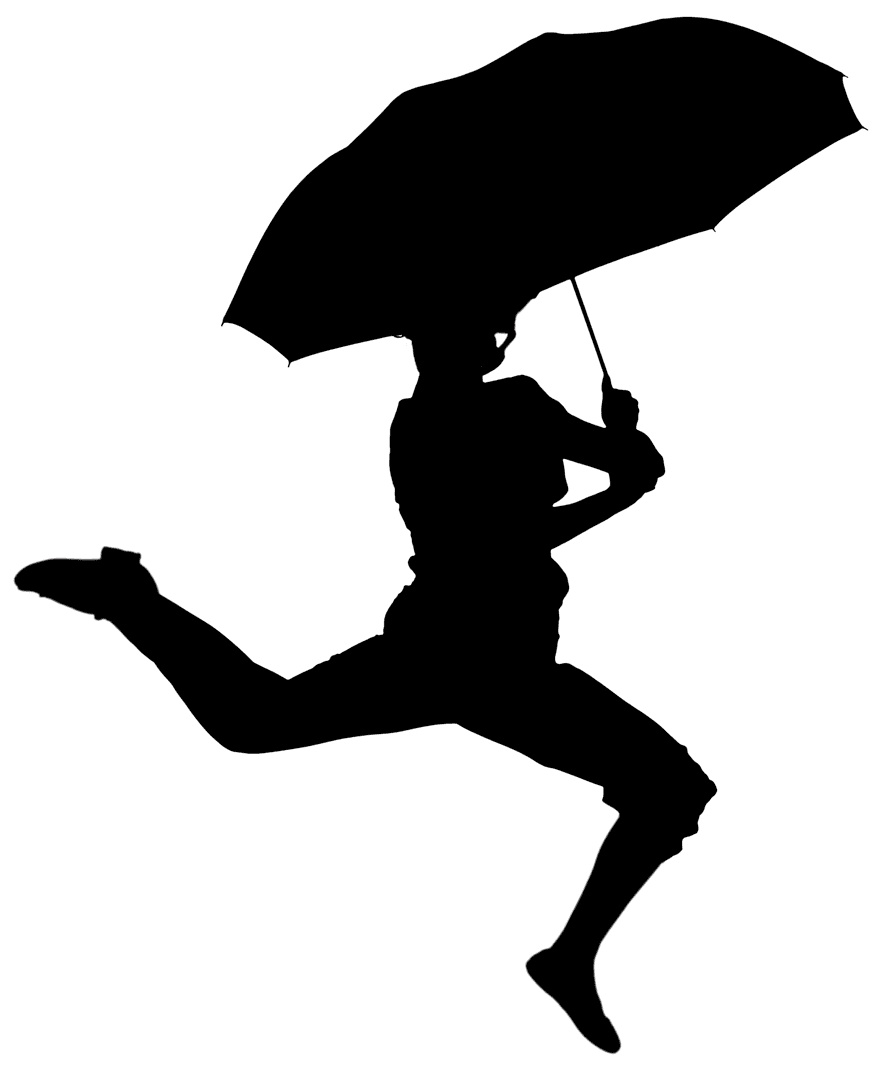 Silhouette of Woman Leaping Joyfully with Umbrella on Transparent Background