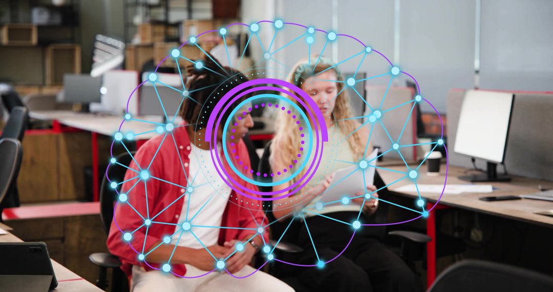 Team Collaborating over Tablet with Futuristic Neural Network Overlay in Open Office