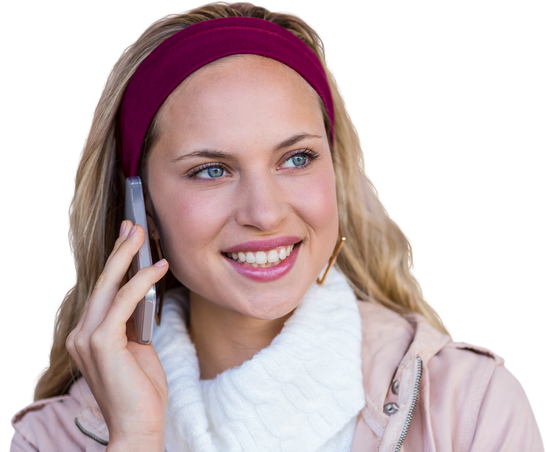 Smiling Woman Phoning with Smartphone Wearing Burgundy Headband - Download Free Stock Images Pikwizard.com