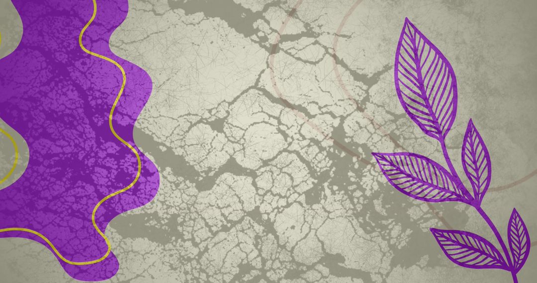Abstract Leaves and Purple Shapes on Cracked Texture Background