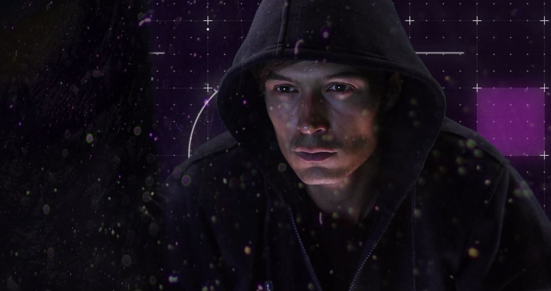 Hacker in Dark Hoodie Amidst Neon Digital Interface