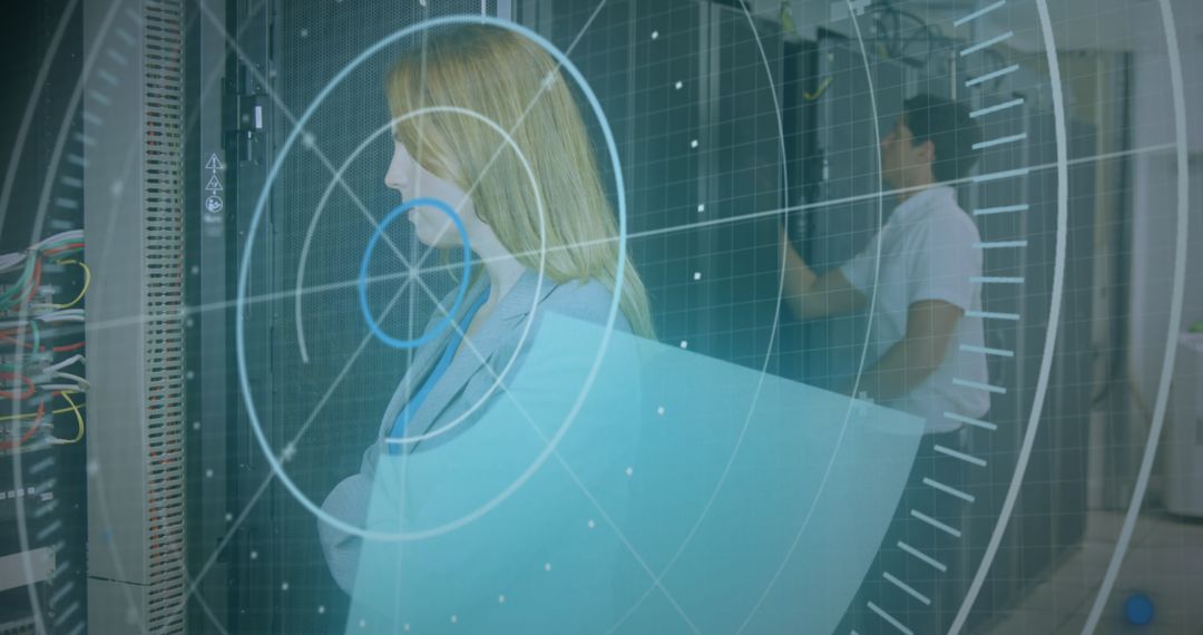 Female IT Engineer Overseeing Data Center Technology Interface