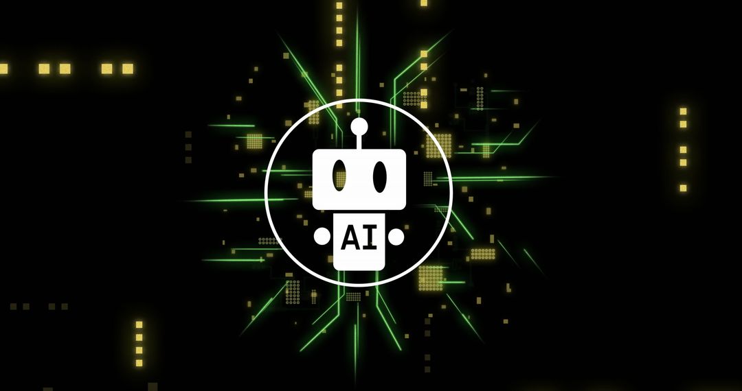 AI chatbot and digital data schematic with glowing circuits