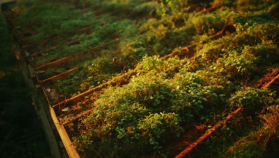 Rustic Slatted Garden Bed with Verdant Growth and Rusted Texture
