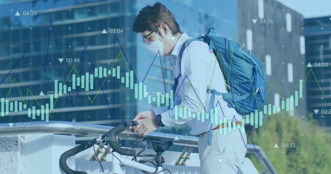 Masked Urban Biker Analyzing Financial Trends with Futuristic Graphs