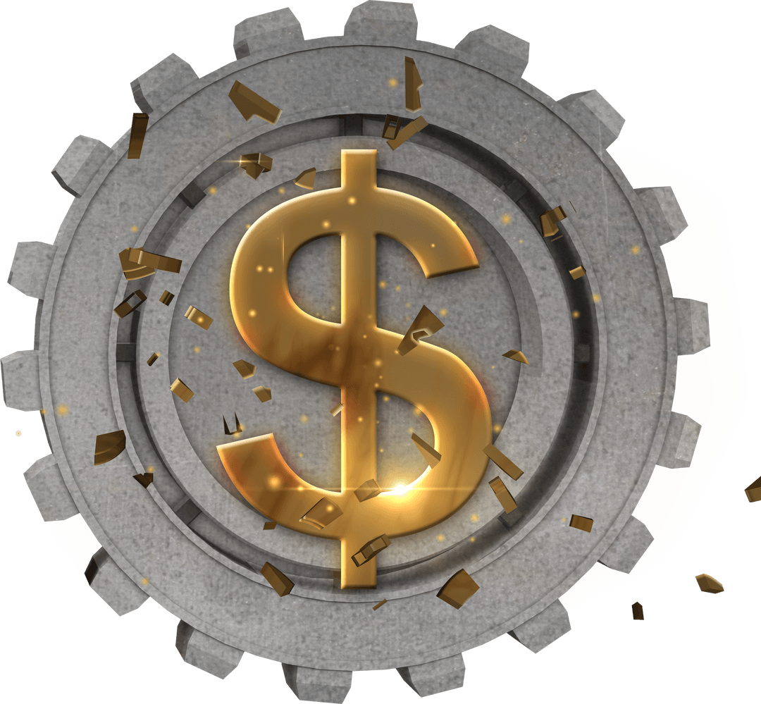 Golden Dollar Sign in Gear Icon on Transparent Background