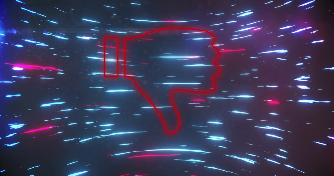 Neon Thumbs Down Icon in Futuristic Cyberspace