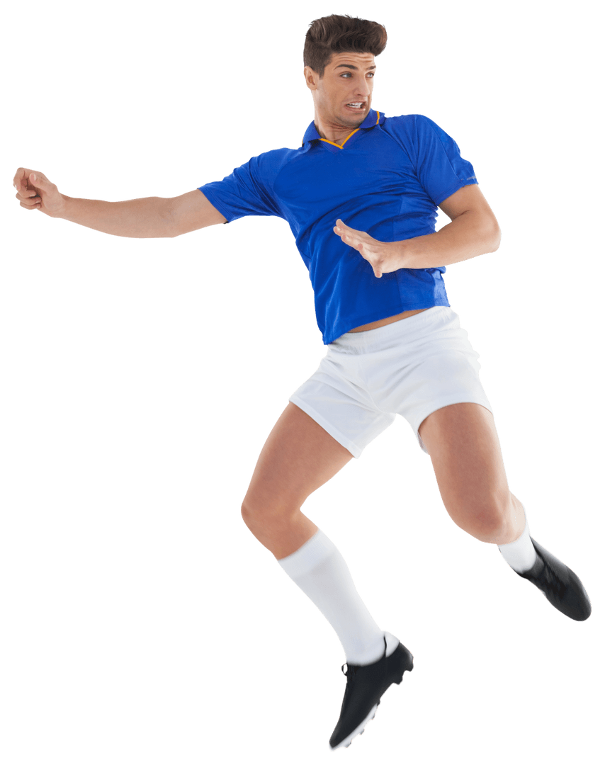 Caucasian Male Football Player in Mid-Jump Transparent Background