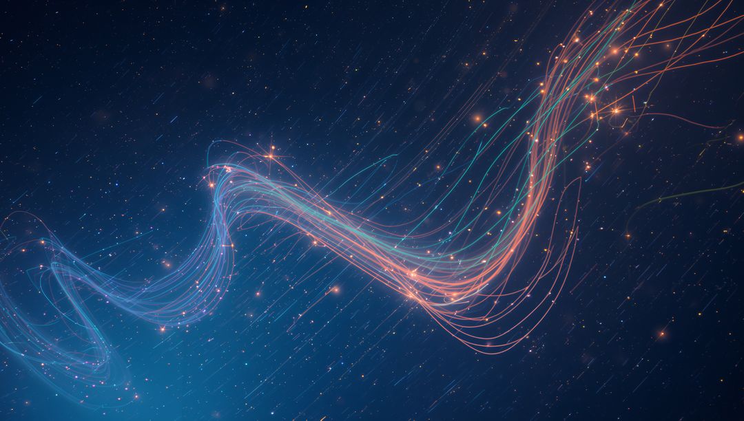 Neon Cosmic Ribbon Flowing Through Starfield with Motion Trails and Spark Nodes