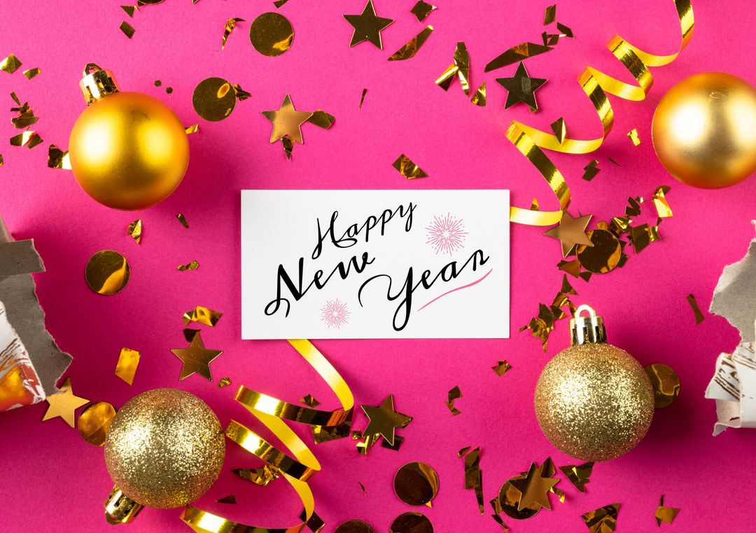 Happy New Year Card with Confetti and Golden Baubles on Pink Background - Download Free Stock Templates Pikwizard.com