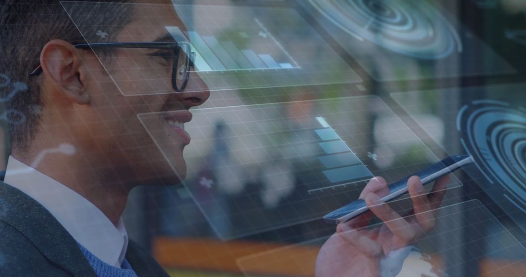 Businessman Using Smartphone and Digital Charts, Fintech Innovation