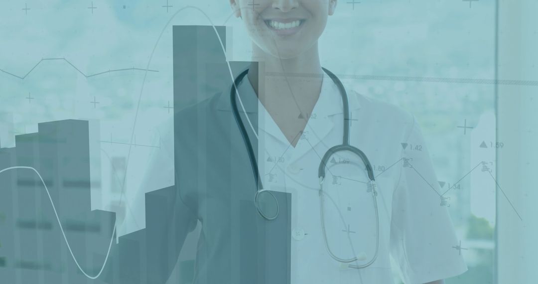 Smiling Medical Professional with Stethoscope Analyzing Data Charts
