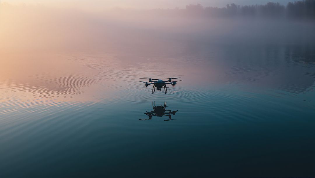 Drone Hovering Over Tranquil Lake at Dawn Reflecting Ripples
