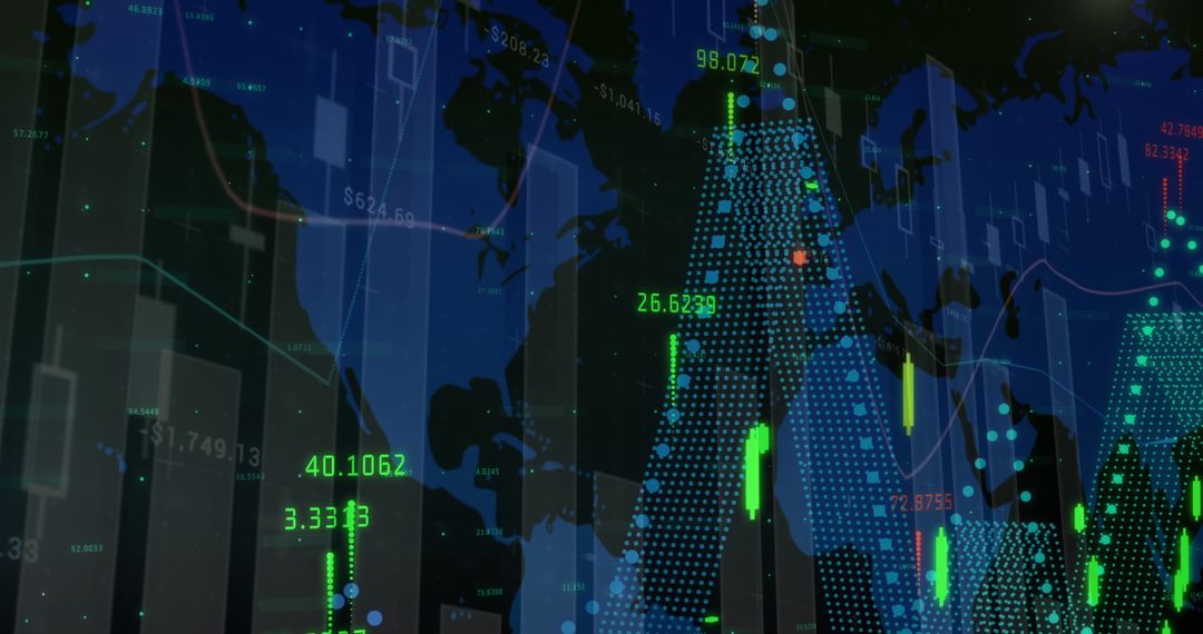 Global Financial Analysis Digital Display with World Map Overlay