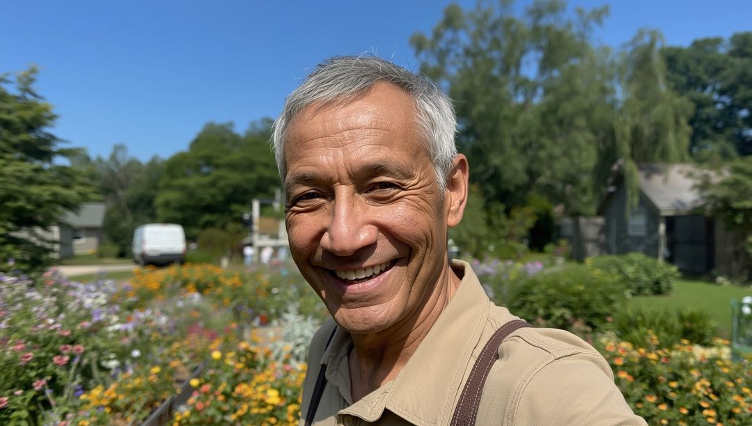 Smiling Man Taking Selfie in Lush Flower Garden