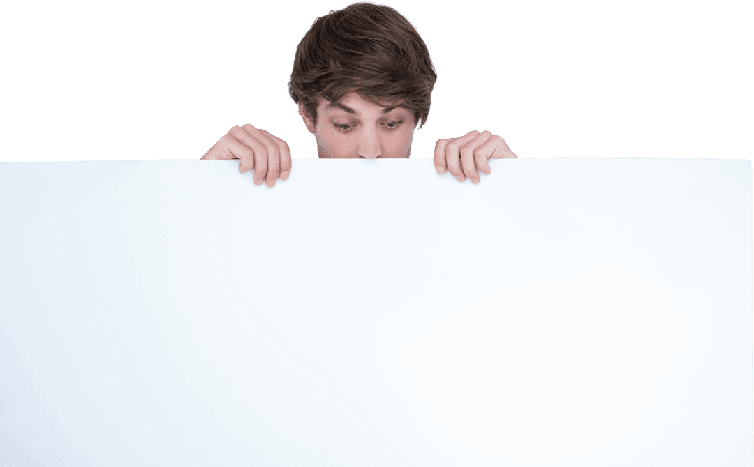 Young Man Holding Transparent Blank Panel Looking Curious