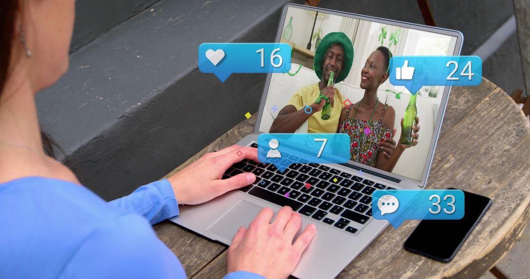 Caucasian Woman Participating in Virtual Celebration with Lively Couple
