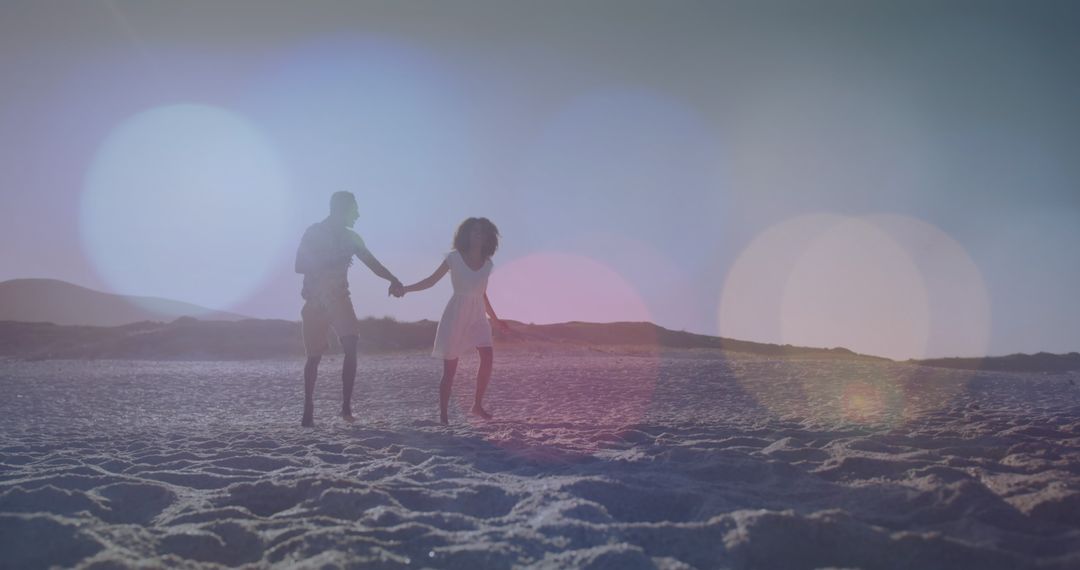 Romantic Walk on Sunlit Beach with Lens Flare