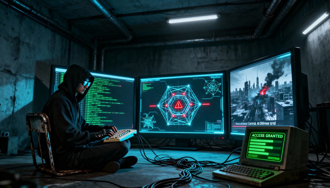 Hooded Hacker Executing Cyber Intrusion in Underground Bunker with Multi-Screen AI Breach
