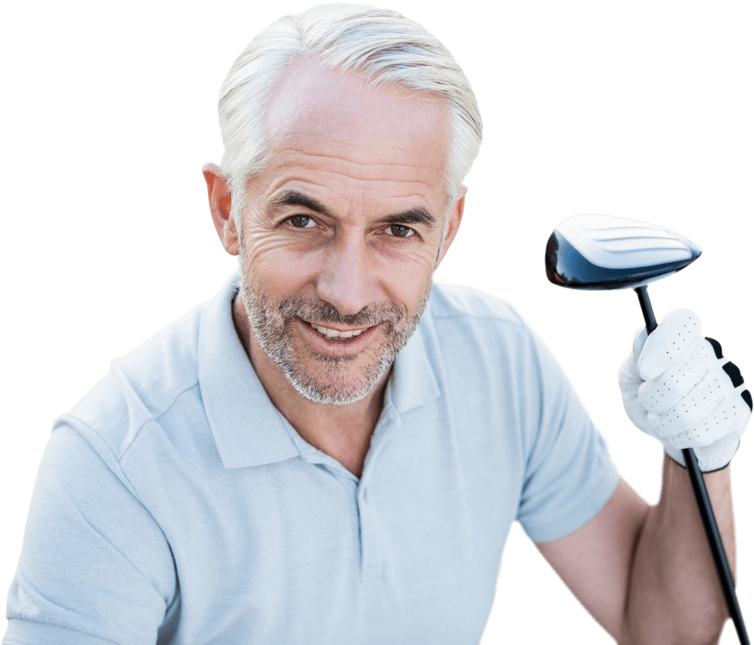 Smiling Mature Caucasian Golfer Holding Club on Transparent Background